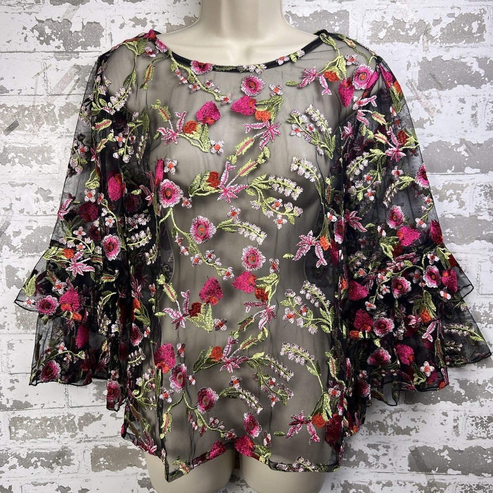 Black Pink Sz S Mesh Tulle Embroidered Floral Top Ruffled 1/2 Sleeve Fairy Goth